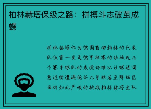 柏林赫塔保级之路：拼搏斗志破茧成蝶
