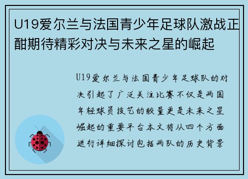 U19爱尔兰与法国青少年足球队激战正酣期待精彩对决与未来之星的崛起