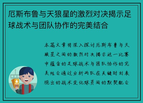 厄斯布鲁与天狼星的激烈对决揭示足球战术与团队协作的完美结合
