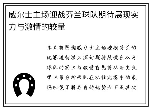 威尔士主场迎战芬兰球队期待展现实力与激情的较量