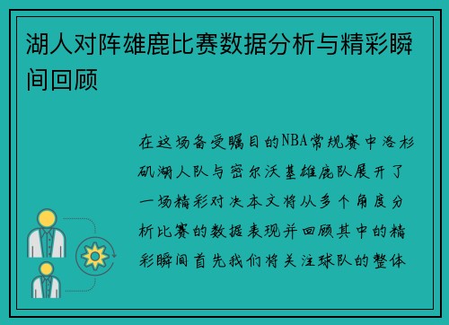 湖人对阵雄鹿比赛数据分析与精彩瞬间回顾