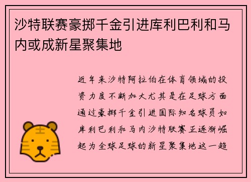 沙特联赛豪掷千金引进库利巴利和马内或成新星聚集地
