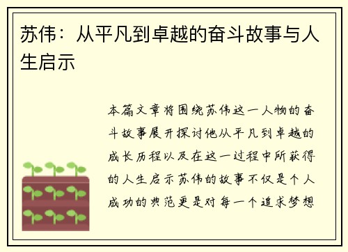 苏伟：从平凡到卓越的奋斗故事与人生启示