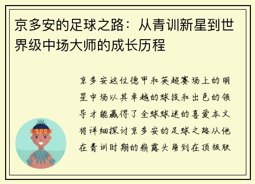 京多安的足球之路：从青训新星到世界级中场大师的成长历程