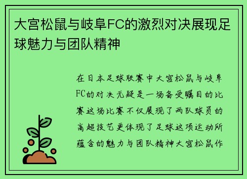 大宫松鼠与岐阜FC的激烈对决展现足球魅力与团队精神