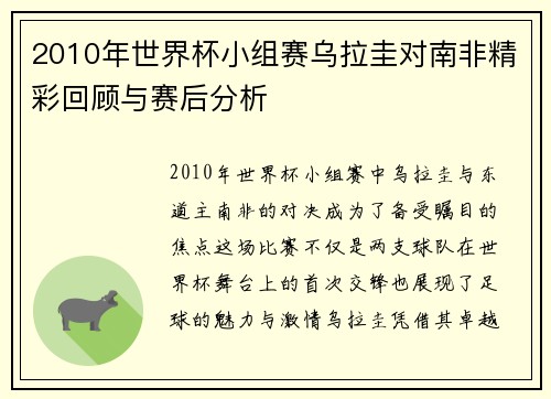 2010年世界杯小组赛乌拉圭对南非精彩回顾与赛后分析