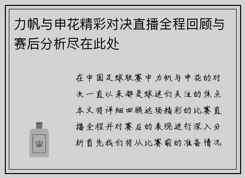 力帆与申花精彩对决直播全程回顾与赛后分析尽在此处
