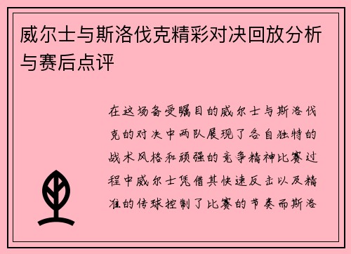 威尔士与斯洛伐克精彩对决回放分析与赛后点评