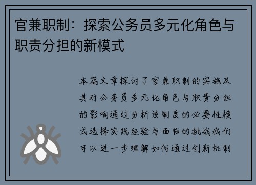 官兼职制：探索公务员多元化角色与职责分担的新模式