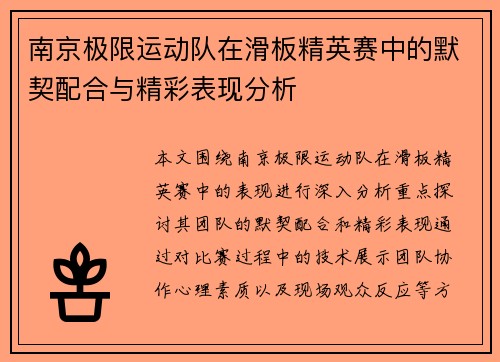 南京极限运动队在滑板精英赛中的默契配合与精彩表现分析