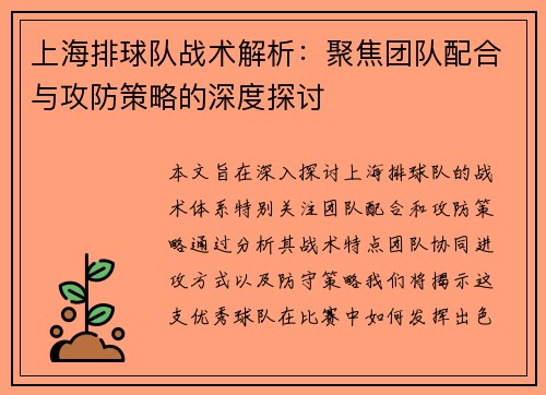 上海排球队战术解析：聚焦团队配合与攻防策略的深度探讨